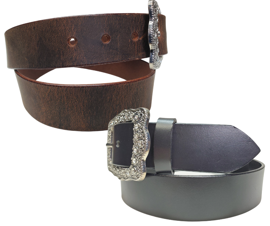 Sparkle up your evening with the Bling It! Leather Belt! Just enough buckle dazzle on a basic Black or Distressed Brown leather to make your outfit pop for ladies night. At 1 1/2" wide, it's the ideal companion for your favorite jeans and boots. Want to switch things up? You can even swap out the buckle! Swing by our Smyrna shop, just a hop and skip from Nashville, to add some shine to your style.