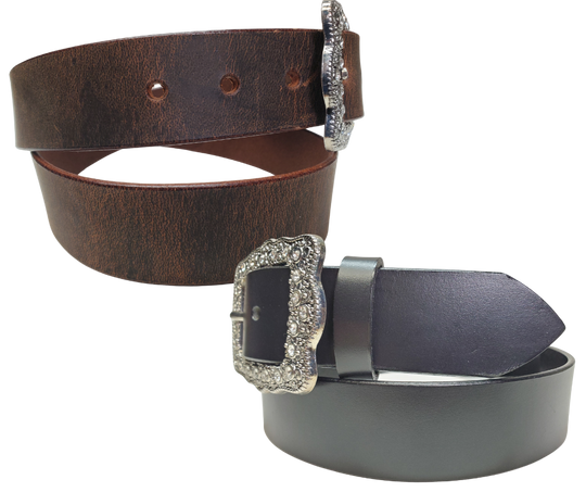 Sparkle up your evening with the Bling It! Leather Belt! Just enough buckle dazzle on a basic Black or Distressed Brown leather to make your outfit pop for ladies night. At 1 1/2" wide, it's the ideal companion for your favorite jeans and boots. Want to switch things up? You can even swap out the buckle! Swing by our Smyrna shop, just a hop and skip from Nashville, to add some shine to your style.