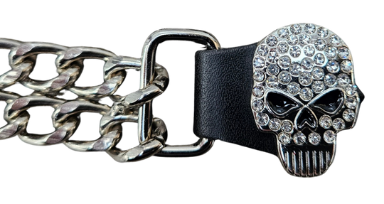 Vest Chains...a great accessory for your vest. Sure they look great but they offer some great options for your riding. In our experience most folks will use at least 2 but some will go with more, it's your choice. These options are the basic chrome plated double chain with leather ends (with exception of Single Chain). The average length is approx. 4"- 4 1/2" long. Snaps are attached with a leather folded part. Please note the ladies vests snap opposite side to the men. Each Sold Individually. 