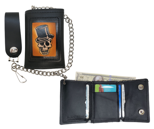 Skull Top Hat all leather Tri-fold Chain Wallet. 1 Cash Slot for all your important stash, 3 card slots and 1 underneath the middle slot. It's&nbsp;USA made&nbsp;and Buckle and Hide approved. Approx. 3"x 4" folded. 2 snap closure. Complete with an 12" chrome plated chain including leather belt loop. Available in our Smyrna, TN shop a short drive from downtown Nashville. Like most wallets&nbsp;over stuffing&nbsp;will limit the time of use. Colors may vary from picture.&nbsp;