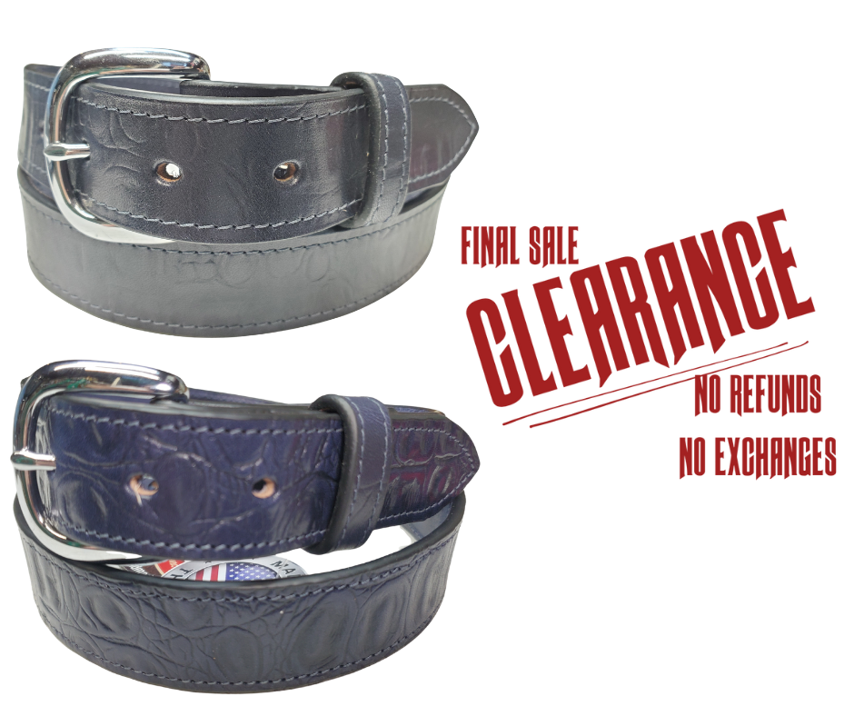 This is a great belt but when it came in the colors were inconsistent. See pic with CLEARANCE for a example of colors it has not been altered. The blue tone varies from a nice blue to almost blue gray with a medium soft feel. This is reduced and were not going to restock but the savings are yours. Removable buckle. These won't last long at our Smyrna, TN shop.
