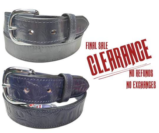 This is a great belt but when it came in the colors were inconsistent. See pic with CLEARANCE for a example of colors it has not been altered. The blue tone varies from a nice blue to almost blue gray with a medium soft feel. This is reduced and were not going to restock but the savings are yours. Removable buckle. These won't last long at our Smyrna, TN shop.