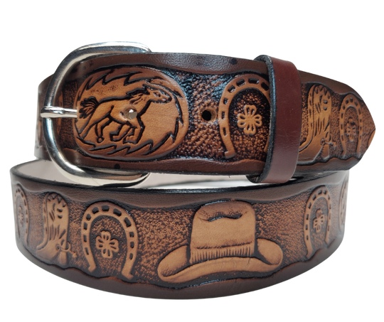 This leather belt has The Boots and Shoes pattern in a Brown Antiqued finish. Available in a 1 1/2" width. Full grain vegetable tanned cowhide, Width 1 1/2" and includes Nickle plated buckle Smooth burnished painted edges. Made in USA! Buckle snaps in place for easy changing if desired. In stock at our Smyrna, TN shop.