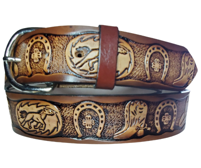 The Boots and Horseshoes leather belt features a classic Western-themed pattern and is constructed from full grain vegetable tanned cowhide. It has a width of 1 1/2" and is fitted with a nickel-plated buckle, along with smooth burnished painted edges. Made in the USA, the belt has a name customization option so Type Name or No Name in the Name here box. Buckle snaps for easy changing. Available for quick shipment from our Smyrna, TN shop.
