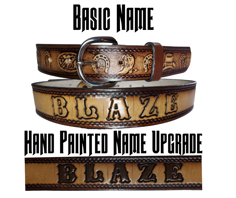  This leather belt showcases artwork of boots, horseshoes, and a hat, and is a fashionable addition to any wardrobe. The metal buckle is removeable, making it easy to customize your buckle. Stocked in our Tennessee location, you can get it quickly with our Quick Ship option.