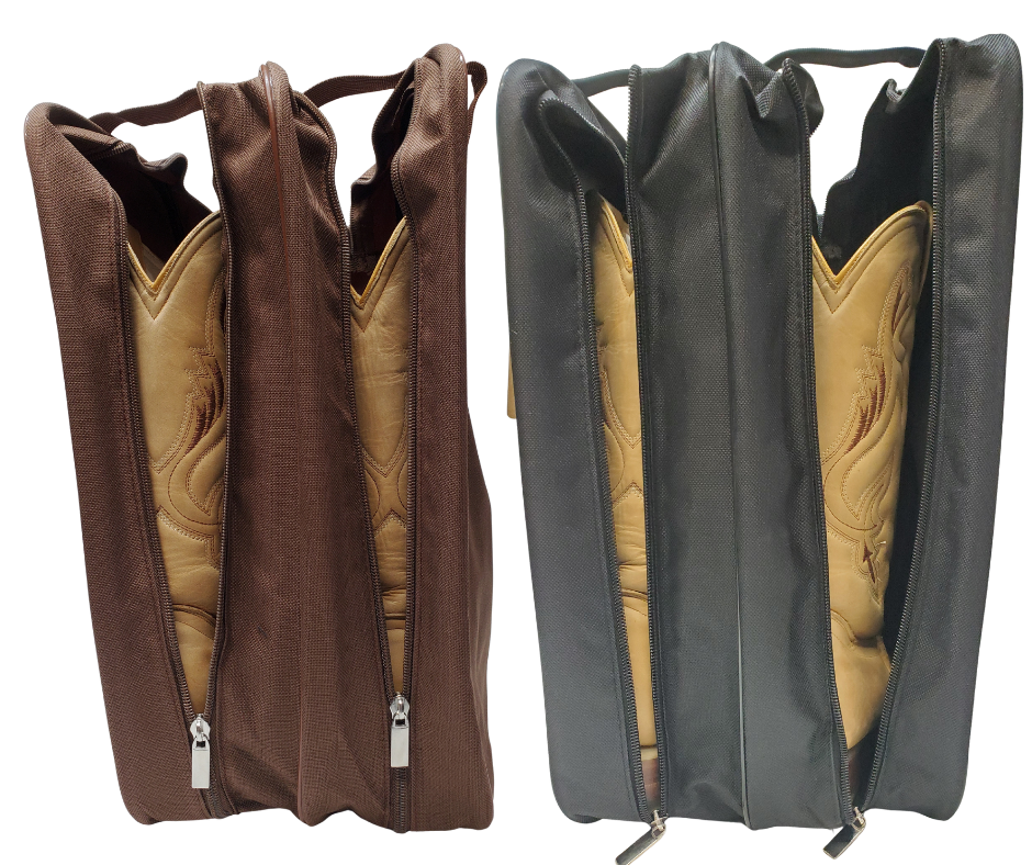 Unzipped-If you travel any at all this the best way to protect your expensive boots. This Nylon Travel Boot Bag will make travel with your favorite boots much easier to navigate those carry on rules or just keep them separate from your other stuff especially if you have exotic boots. Easily zip up a right and left pair of boots to keep them in one place. A new item at our Smyrna, TN shop just a short trip from crazy downtown Nashville! Choose Black or Brown. Imported.