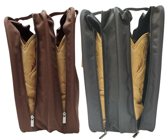 Unzipped-If you travel any at all this the best way to protect your expensive boots. This Nylon Travel Boot Bag will make travel with your favorite boots much easier to navigate those carry on rules or just keep them separate from your other stuff especially if you have exotic boots. Easily zip up a right and left pair of boots to keep them in one place. A new item at our Smyrna, TN shop just a short trip from crazy downtown Nashville! Choose Black or Brown. Imported.