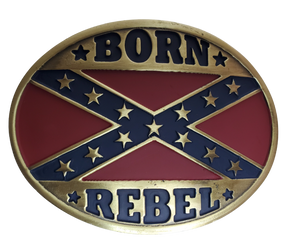 This attractive Southern Heritage Belt Buckle features a star and bar design with bold red and blue colors, framed in antique brass. The oval-shaped buckle is designed to make a statement and easily fits belts up to 1 3/4" in width. Measuring approximately 2 1/2" in height and 3 1/2" in width, it's available at our Smyrna, TN shop, just a quick drive from Nashville. 