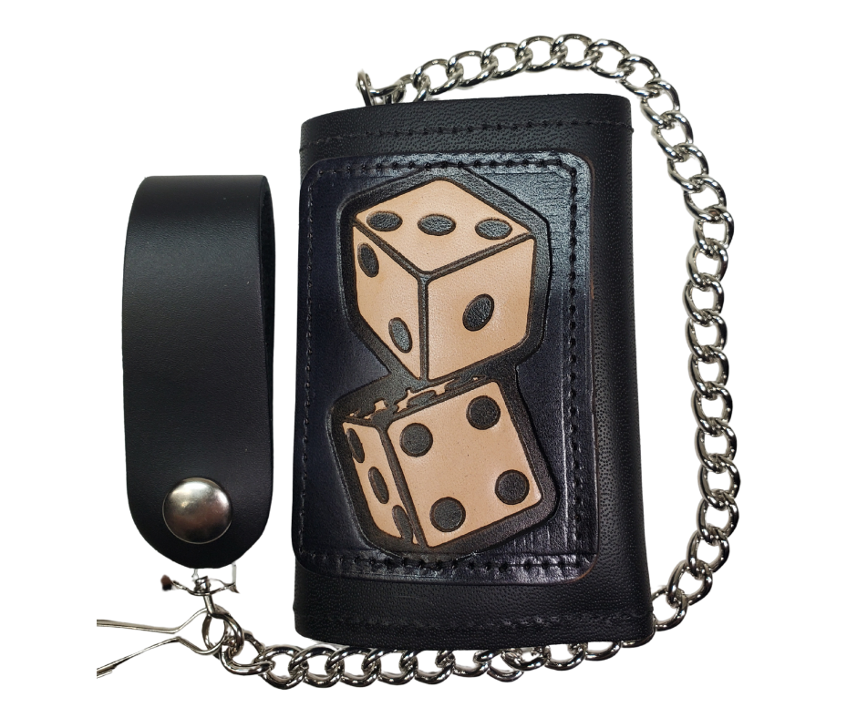 Take a chance and Roll the Dice with our all leather Tri-fold Chain Wallet. 1 Cash Slot for all your important stash, 3 card slots and 1 underneath the middle slot. It's USA made & and Buckle and Hide approved. Approx. 3"x 4" folded. 2 snap closure. Complete with an 12" chrome plated chain including leather belt loop. Available in our Smyrna, TN shop a short drive from downtown Nashville. Like most wallets over stuffing will limit the time of use. Colors may vary from picture.