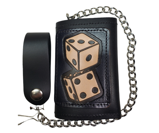 Take a chance and Roll the Dice with our all leather Tri-fold Chain Wallet. 1 Cash Slot for all your important stash, 3 card slots and 1 underneath the middle slot. It's USA made & and Buckle and Hide approved. Approx. 3"x 4" folded. 2 snap closure. Complete with an 12" chrome plated chain including leather belt loop. Available in our Smyrna, TN shop a short drive from downtown Nashville. Like most wallets over stuffing will limit the time of use. Colors may vary from picture.