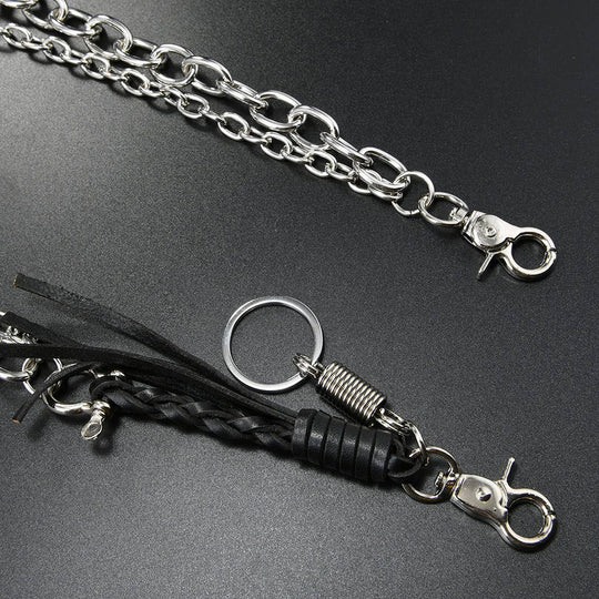 Be a trendsetter with the Braided Leather Tassel Jean Chain. The 2 Belt loop clips easily attach to you favorite old jeans to give you edgy look you crave. Let your inner Rocker out when you go see your favorite metal band at your favorite watering hole or at the arena. Now in stock at our Smyrna, TN shop not far from the First Bank Amphitheater.

Metal alloy
Imported