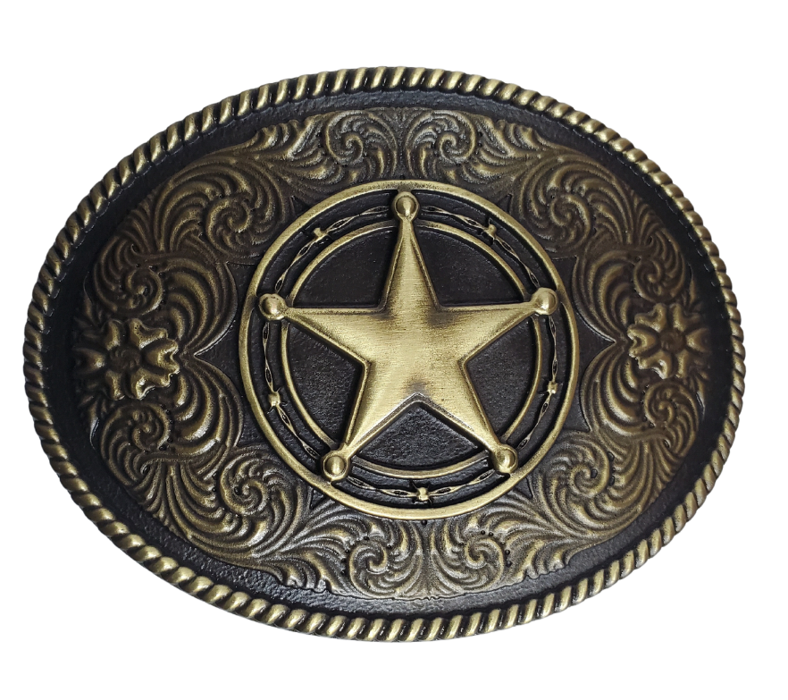 The Classic Star Western scroll with a subtle hint of Barbwire, a rope border on a oval shaped buckle. Perfect for 1 1/2" Brown or Black belts with it's Antiqued Brass appearance. Buckle size is approx. 3" x 4" that makes it great for most body styles. Imported.