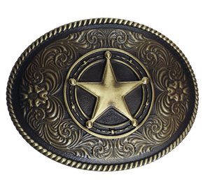 The Classic Star Western scroll with a subtle hint of Barbwire, a rope border on a oval shaped buckle. Perfect for 1 1/2" Brown or Black belts with it's Antiqued Brass appearance. Buckle size is approx. 3" x 4" that makes it great for most body styles. Imported.