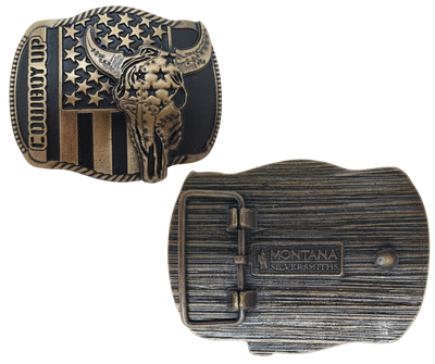 The "Braxton" Belt Buckle is a brass colored oval featuring a Buffalo Skull and a Patriotic USA flag, representing the well-known Rodeo term, "COWBOY UP." It is designed to fit a Standard 1.5 belt and measures approximately 4" x 3". Come visit our shop just outside Nashville in Smyrna, TN to get yours today!