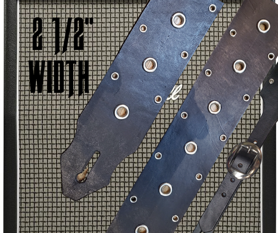 Studs and Eyelets like Marshalls have have been staple for years in Rock music!  "This 2" wide Guitar Strap is a nod to that classic influence. It's made from Pebbled Veg-Tan Cowhide and after some gig's it'll look like you bought in a Vintage shop. The classic adjustment style goes from approx. 42" to 56" at it's longest . Made just outside Nashville in our Smyrna, TN. shop. It will need a bit of time to "break in" but will get a great patina over time.  