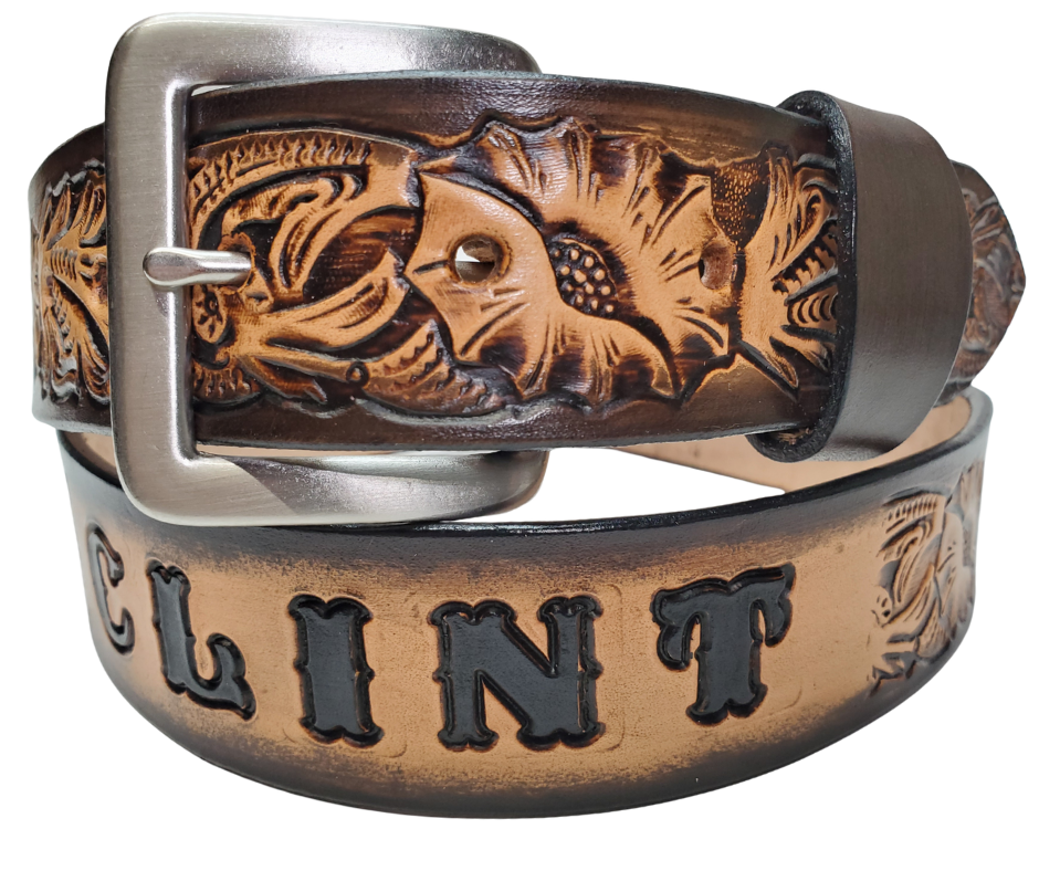 The Briscoe Leather Name belt with a detailed Western Vine pattern. Like our other belts it has snaps for easy change of buckles. It's our 9-10 oz veg-tan cowhide that's approx. 1/8" thick. It's embossed and hand stained and fitted with our standard Antique Silver over Solid brass buckle. These are made and shipped weekly only in our Smyrna, TN shop not far from Opry Mills Mall.