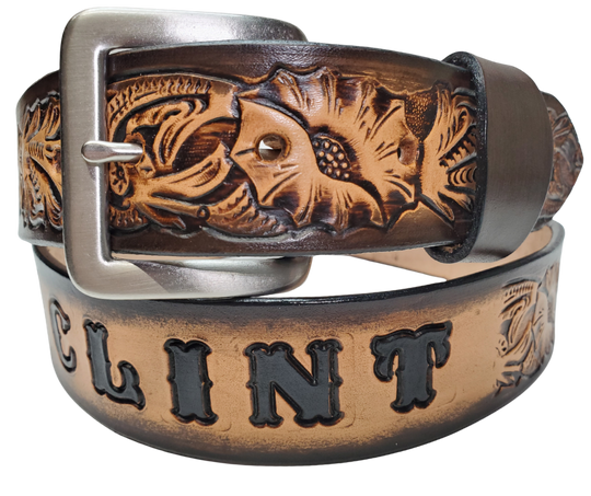 The Briscoe Leather Name belt with a detailed Western Vine pattern. Like our other belts it has snaps for easy change of buckles. It's our 9-10 oz veg-tan cowhide that's approx. 1/8" thick. It's embossed and hand stained and fitted with our standard Antique Silver over Solid brass buckle. These are made and shipped weekly only in our Smyrna, TN shop not far from Opry Mills Mall.