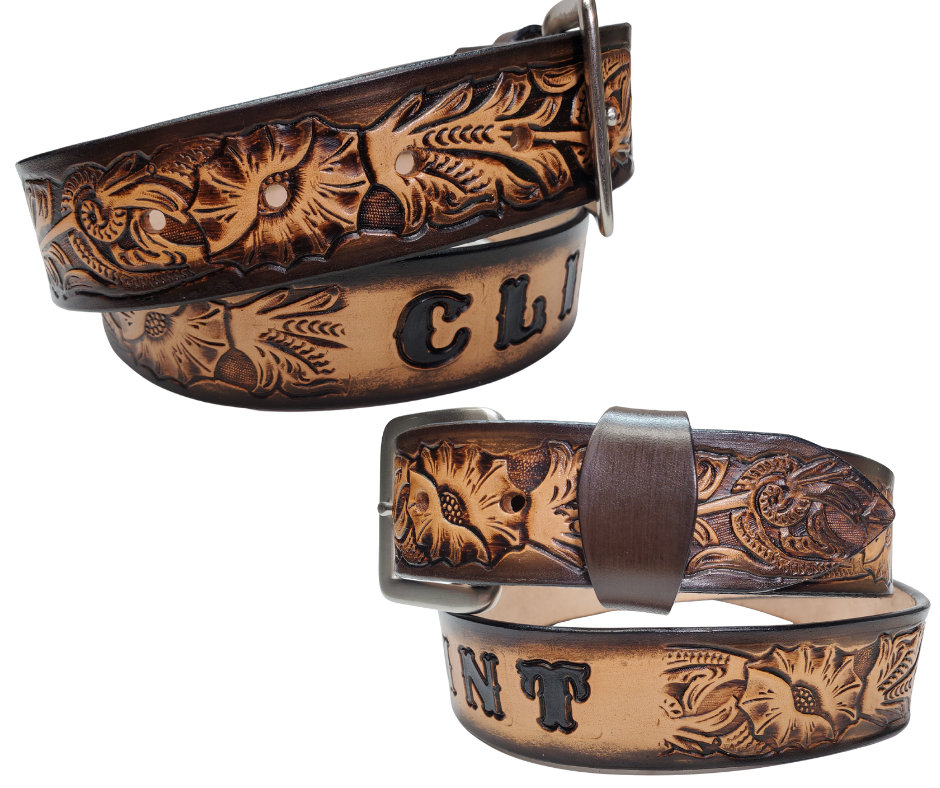 The Briscoe Leather Name belt with a detailed Western Vine pattern. Like our other belts it has snaps for easy change of buckles. It's our 9-10 oz veg-tan cowhide that's approx. 1/8" thick. It's embossed and hand stained and fitted with our standard Antique Silver over Solid brass buckle. These are made and shipped weekly only in our Smyrna, TN shop not far from Opry Mills Mall.