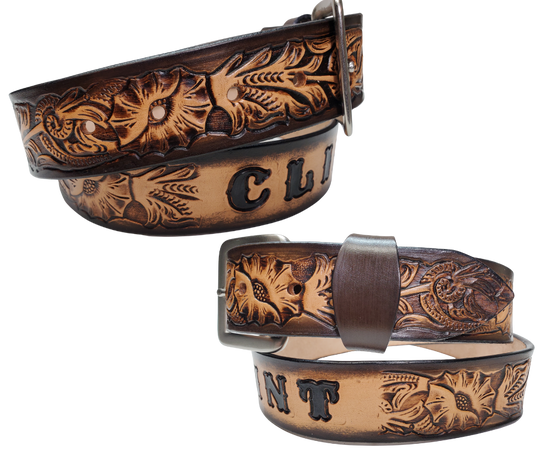 The Briscoe Leather Name belt with a detailed Western Vine pattern. Like our other belts it has snaps for easy change of buckles. It's our 9-10 oz veg-tan cowhide that's approx. 1/8" thick. It's embossed and hand stained and fitted with our standard Antique Silver over Solid brass buckle. These are made and shipped weekly only in our Smyrna, TN shop not far from Opry Mills Mall.