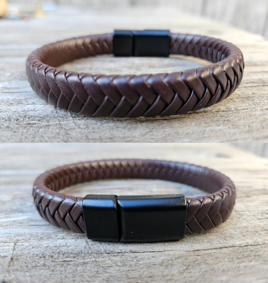 Plait is the word for 5 or strips for a braid. This In-twined brown strips of leather is meticulously handcrafted in Turkey. Designed for Comfort these bracelets offer a comfortable wear experience for any wrist size. Whether worn solo or layered with other accessories, they add a touch of rugged elegance to your attire. New to our Smyrna, TN shop come by and see them.

Fit&
