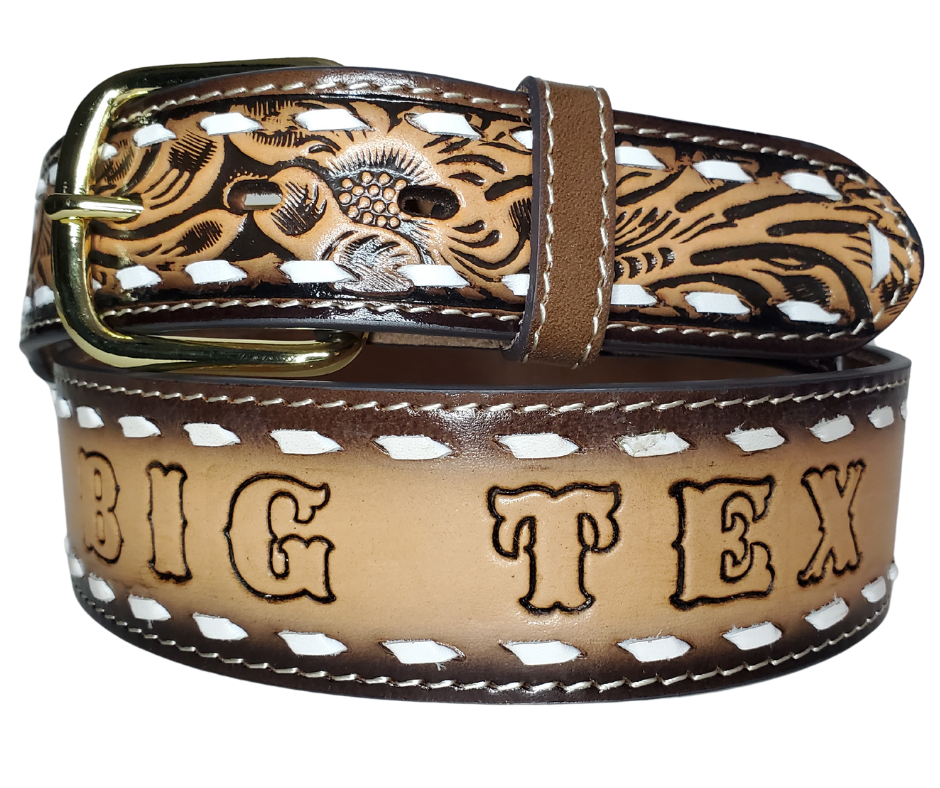 The Roadhouse name leather belt is a classic Vintage Throwback Style Western belt. Complete with White Buck Stitching and a embossed classic Western Floral design in a Brown and Natural finish. The belt is a 1 3/4"" width tapering up to 1 1 /2" wide. Full grain vegetable tanned cowhide, Width 1 1/2" and includes Gold finished  buckle Smooth burnished painted edges. Made in Mexico.  Buckle snaps in place for easy changing if desired. In stock at our Smyrna, TN shop.