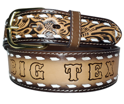 The Roadhouse name leather belt is a classic Vintage Throwback Style Western belt. Complete with White Buck Stitching and a embossed classic Western Floral design in a Brown and Natural finish. The belt is a 1 3/4"" width tapering up to 1 1 /2" wide. Full grain vegetable tanned cowhide, Width 1 1/2" and includes Gold finished  buckle Smooth burnished painted edges. Made in Mexico.  Buckle snaps in place for easy changing if desired. In stock at our Smyrna, TN shop.