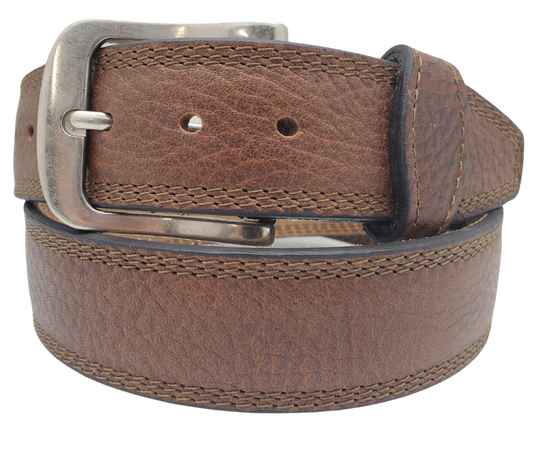 This real Bison leather belt with a Triple stitched cowhide leather belt strip underneath. Comes with an Antique colored buckle that is snapped in for easy removal. It is available in our Smyrna, TN shop, which is located just outside of Nashville.