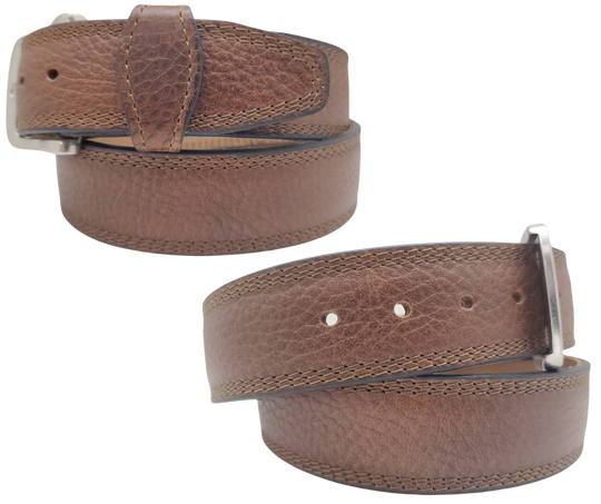 This real Bison leather belt with a Triple stitched cowhide leather belt strip underneath. Comes with an Antique colored buckle that is snapped in for easy removal. It is available in our Smyrna, TN shop, which is located just outside of Nashville.