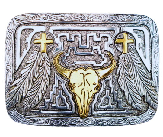 Step into the Wild West with The 'Buffalo Canyon' Belt Buckle! Its Buffalo Skull, Feathers, and Western Scroll border provide a classic look, while the contrasting gold and Antique Silver background make it a classic. The comfortable 2 1/2" H x 3 1/2" W size fits belts up to 1 3/4" wide, offering a great choice for any outfit. Available at our Smyrna, TN store, just a short trip from the bustling streets of downtown Nashville. Imported Zinc material from Mexico.