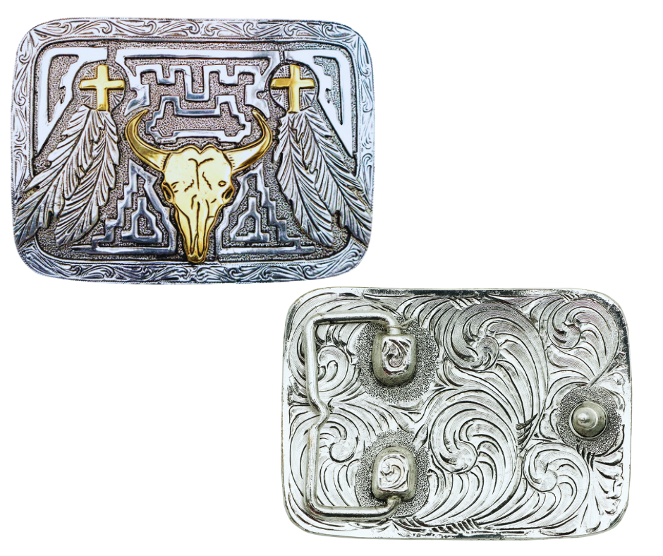 Step into the Wild West with The 'Buffalo Canyon' Belt Buckle! Its Buffalo Skull, Feathers, and Western Scroll border provide a classic look, while the contrasting gold and Antique Silver background make it a classic. The comfortable 2 1/2" H x 3 1/2" W size fits belts up to 1 3/4" wide, offering a great choice for any outfit. Available at our Smyrna, TN store, just a short trip from the bustling streets of downtown Nashville. Imported Zinc material from Mexico.