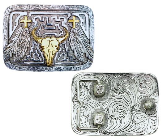 Step into the Wild West with The 'Buffalo Canyon' Belt Buckle! Its Buffalo Skull, Feathers, and Western Scroll border provide a classic look, while the contrasting gold and Antique Silver background make it a classic. The comfortable 2 1/2" H x 3 1/2" W size fits belts up to 1 3/4" wide, offering a great choice for any outfit. Available at our Smyrna, TN store, just a short trip from the bustling streets of downtown Nashville. Imported Zinc material from Mexico.