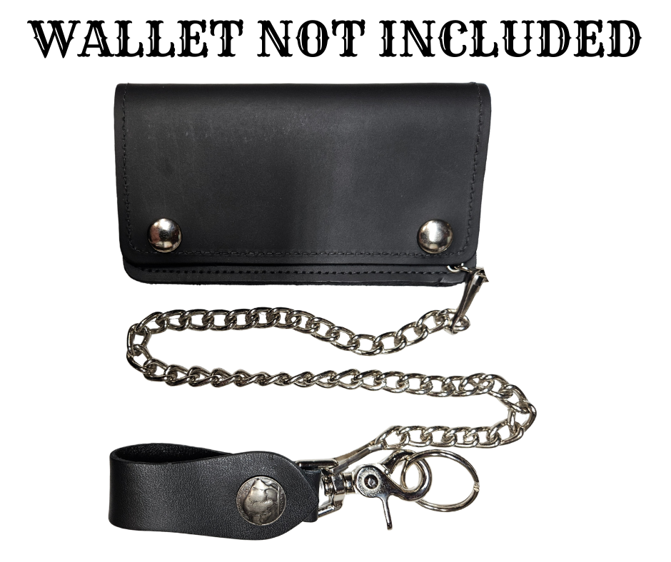 This Vintage style Steel Chain with a classic Buffalo Nickel Concho. Simple but Sturdy and will keep your wallet where it needs to be. The Leather loop, decorated with a Buffalo Nickel, attaches to your jeans and the split ring attaches to your wallet. Chrome plated. Ride down and get yours in our shop just outside Nashville in Smyrna, TN.

18" Chain Length
Leather belt tab