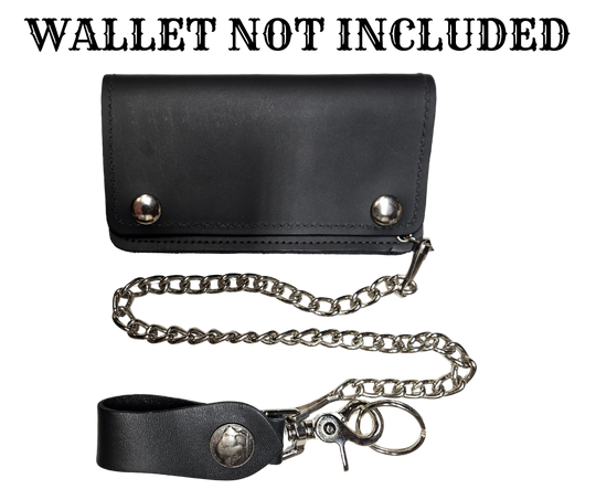 This Vintage style Steel Chain with a classic Buffalo Nickel Concho. Simple but Sturdy and will keep your wallet where it needs to be. The Leather loop, decorated with a Buffalo Nickel, attaches to your jeans and the split ring attaches to your wallet. Chrome plated. Ride down and get yours in our shop just outside Nashville in Smyrna, TN.

18" Chain Length
Leather belt tab