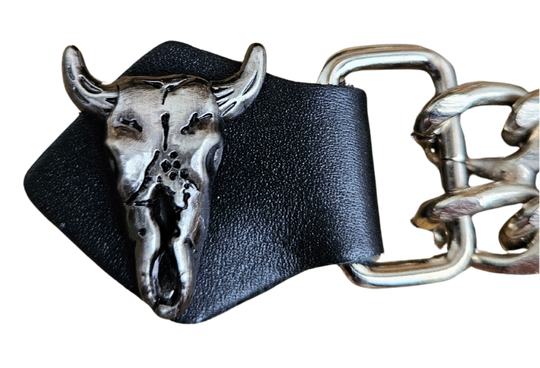 Vest Chains...a great accessory for your vest. Sure they look great but they offer some great options for your riding. In our experience most folks will use at least 2 but some will go with more, it's your choice. These options are the basic chrome plated double chain with leather ends (with exception of Single Chain). The average length is approx. 4"- 4 1/2" long. Snaps are attached with a leather folded part. Please note the ladies vests snap opposite side to the men. Each Sold Individually. 