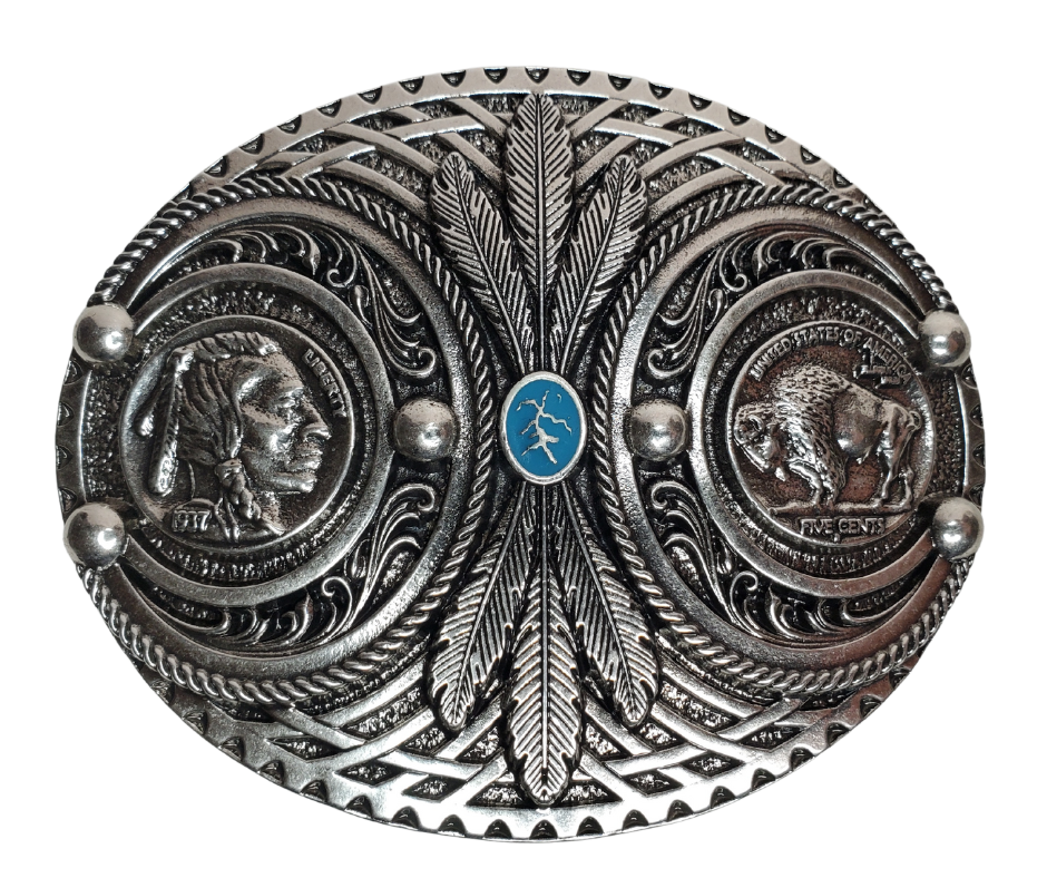 The oval shaped belt buckle has high quality replica Buffalo Indian Head nickels set on each end. Wrapping the Nickels is detailed Southwest trim with Feathers and a small Turquoise colored stone. Fits 1 1/2" belts and is approx. 3" tall x 4"across. Available at our shop just outside Nashville in Smyrna, TN. Made by Montana Silversmith.