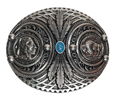 The oval shaped belt buckle has high quality replica Buffalo Indian Head nickels set on each end. Wrapping the Nickels is detailed Southwest trim with Feathers and a small Turquoise colored stone. Fits 1 1/2" belts and is approx. 3" tall x 4"across. Available at our shop just outside Nashville in Smyrna, TN. Made by Montana Silversmith.