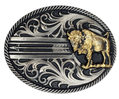 The Buffalo is a Western icon and a timeless classic imagery of the Native Americans.  Scroll pattern, a rope edge with a arrow ties it all together. Antiqued silver finished oval and plated Buffalo Attitude buckle. Fits a 1 1/2" belt and is approx. 3" x 4" in size. Available online and at our shop just outside Nashville in Smyrna, TN. Metal alloy with Montana Armor coating.