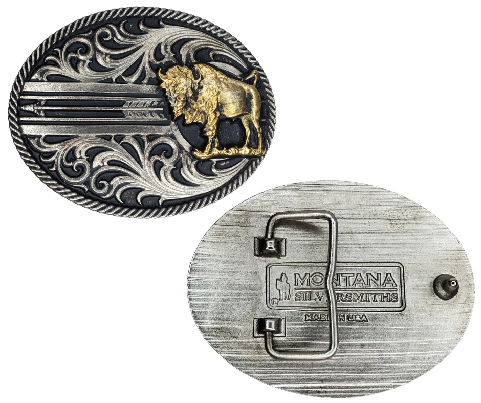 The Buffalo is a Western icon and a timeless classic imagery of the Native Americans.  Scroll pattern, a rope edge with a arrow ties it all together. Antiqued silver finished oval and plated Buffalo Attitude buckle. Fits a 1 1/2" belt and is approx. 3" x 4" in size. Available online and at our shop just outside Nashville in Smyrna, TN. Metal alloy with Montana Armor coating.