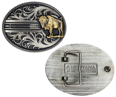 The Buffalo is a Western icon and a timeless classic imagery of the Native Americans.  Scroll pattern, a rope edge with a arrow ties it all together. Antiqued silver finished oval and plated Buffalo Attitude buckle. Fits a 1 1/2" belt and is approx. 3" x 4" in size. Available online and at our shop just outside Nashville in Smyrna, TN. Metal alloy with Montana Armor coating.