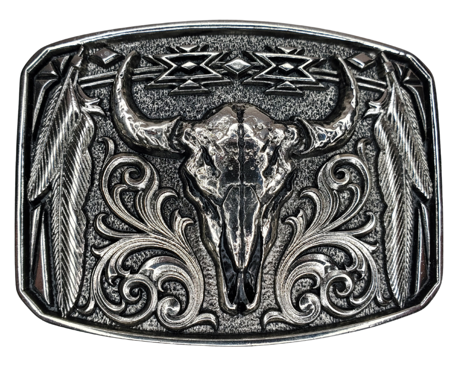 The Buffalo is a Western icon and a timeless classic imagery of the Native Americans.  Antiqued silver finished rounded rectangular Attitude buckle with pinpoint edging and geometric corners. Fits a 1 1/2" belt and is approx. 3" x 4" in size. Available online and at our shop just outside Nashville in Smyrna, TN. Metal alloy with Montana Armor coating.