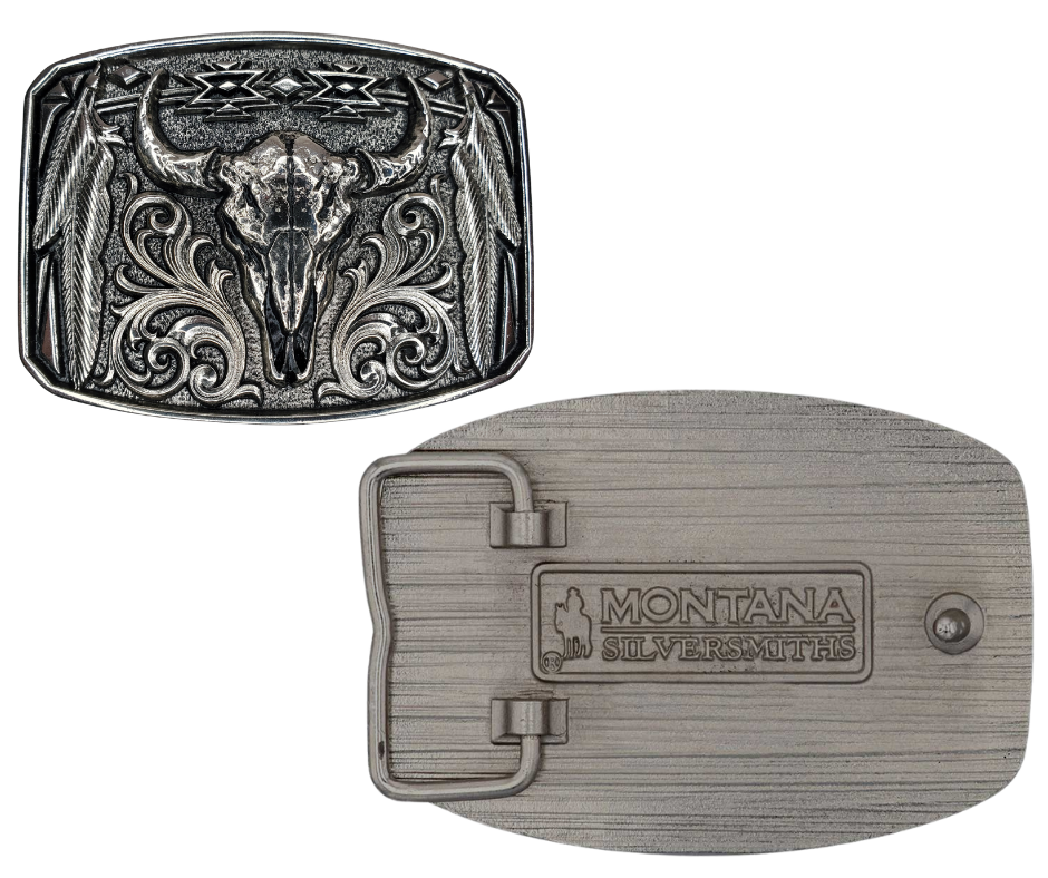 The Buffalo is a Western icon and a timeless classic imagery of the Native Americans.  Antiqued silver finished rounded rectangular Attitude buckle with pinpoint edging and geometric corners. Fits a 1 1/2" belt and is approx. 3" x 4" in size. Available online and at our shop just outside Nashville in Smyrna, TN. Metal alloy with Montana Armor coating.