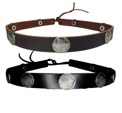 What's more classic than a the Buffalo Nickel? Our 9 Buffalo Nickels leather hatband is 3/4" wide by 23" (without tie string). Available in black or brown, pick one or a few. Fit's most any hat with adjustable bead and leather 1/8" string. Will fit most TOP HAT style and WESTERN crowned hats. Made in our Smyrna Tn. shop.