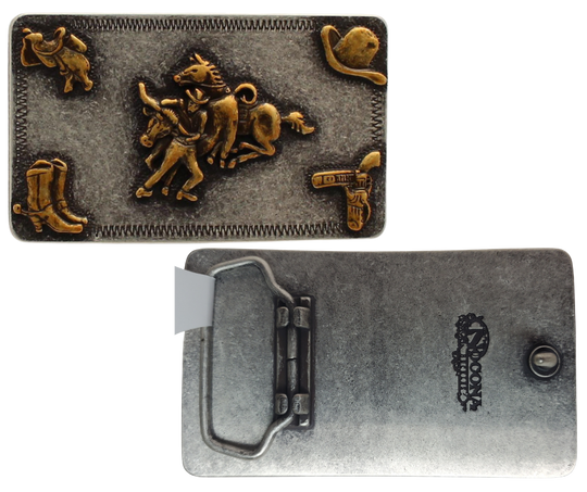 Score this vintage-looking buckle by Nocona and get ready to ride into adventure! This rectangle-shaped buckle has an etched design around the border and an aged-silver finish that'll make it look like it was dug out of a dusty old pawn shop. Measures roughly 2" tall by 3 1/2" wide, fitting belts up to 1 1/2" wide. Saddle up and get yours now from our retail shop in Smyrna, TN or our online store – the perfect accompaniment for your Antique Brass riding boots, hats, and Bulldogger steer wrestling!