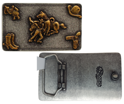 Score this vintage-looking buckle by Nocona and get ready to ride into adventure! This rectangle-shaped buckle has an etched design around the border and an aged-silver finish that'll make it look like it was dug out of a dusty old pawn shop. Measures roughly 2" tall by 3 1/2" wide, fitting belts up to 1 1/2" wide. Saddle up and get yours now from our retail shop in Smyrna, TN or our online store – the perfect accompaniment for your Antique Brass riding boots, hats, and Bulldogger steer wrestling!