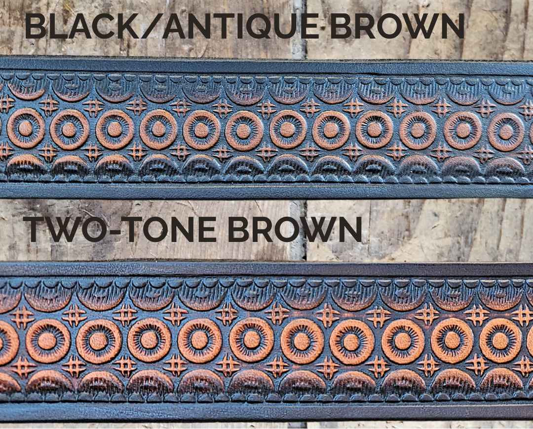 Bullock handmade Western leather name belt with circle pattern in black/antique brown color and two tone brown.