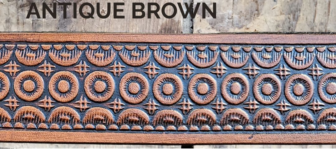 Bullock handmade Western leather name belt with circle pattern in antique brown color