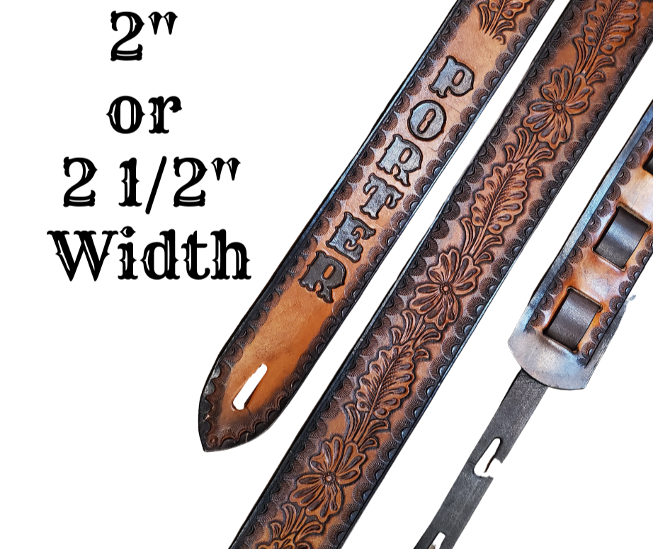 Great Musicians, Singers and great songs just like Porter's have been a staple for years in Nashville. Be on your way starting your journey with this 2"main Body of the Guitar strap is approx. 1/8" thick with a 2 Buffalo Nickels, CUSTOMIZABLE NAME FONT and Patch color. The classic adjustment style goes from approx. 42" to 56" at it's longest . Made just outside Nashville in our Smyrna, TN. shop. It will need a bit of time to "break in" but will get a great patina over time.  