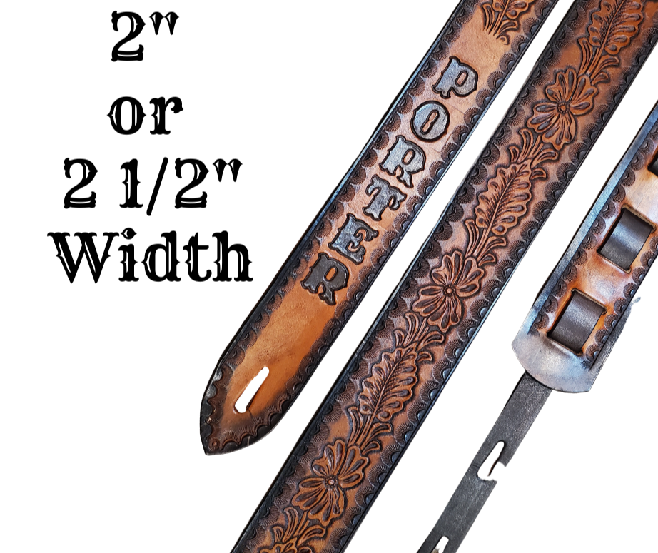 Great Musicians, Singers and great songs have been a staple for years in Nashville. Be on your way starting your journey with this 2"main Body of the Guitar strap is approx. 1/8" thick with a 2 Buffalo Nickels, CUSTOMIZABLE NAME FONT and Patch color. The classic adjustment style goes from approx. 42" to 56" at it's longest . Made just outside Nashville in our Smyrna, TN. shop. It will need a bit of time to "break in" but will get a great patina over time