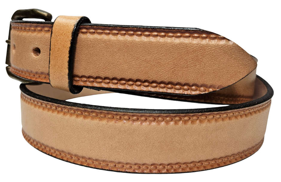 Our 1 1/4" Burywood Natural Casual Belt. Border embossing is just enough not to get in the way. It is constructed from full grain vegetable tanned cowhide. Choose a Antique Nickle or Brass over Solid brass Roller buckle along with painted edges. Made in the USA! Buckle snaps for easy changing. Available for quick shipment from our Smyrna, TN shop.