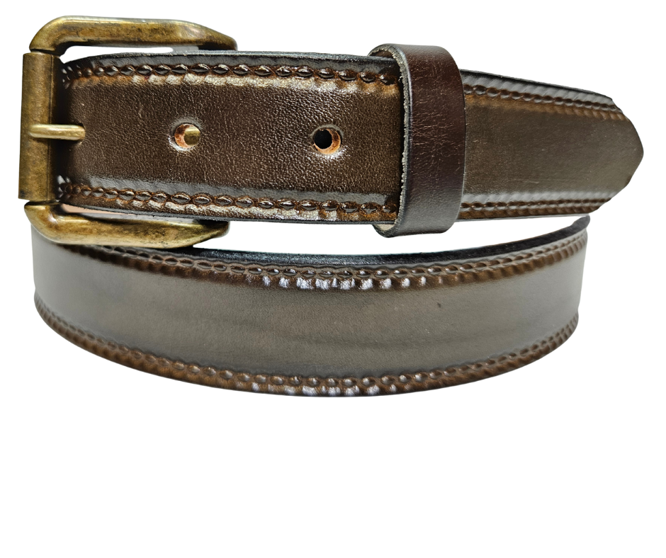 Our 1 1/4" Burywood Wine Casual Belt. Border embossing is just enough not to get in the way. It is constructed from full grain vegetable tanned cowhide. Choose a Antique Nickle or Brass over Solid brass Roller buckle along with painted edges. Made in the USA! Buckle snaps for easy changing. Available for quick shipment from our Smyrna, TN shop.